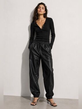 ZARA Faux Leather Jogger Pants Black Size S High Rise Tapered Fit